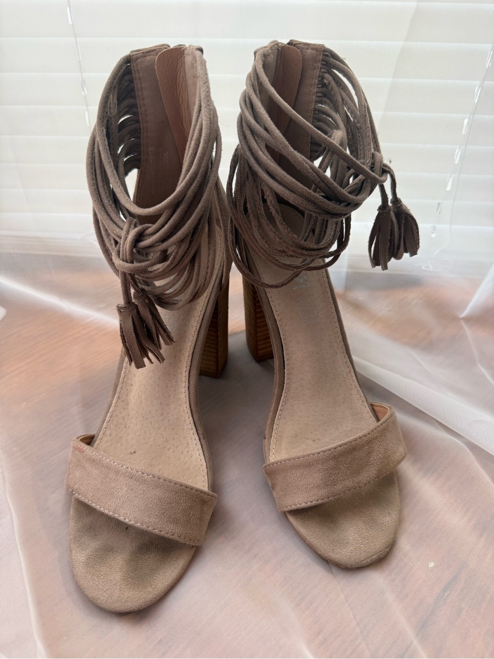 Suede Tassel Block Heel Sandals in Taupe
